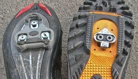 Fig D: Some cleats are recessed (above Right), and others (Left, a typical Look-style road cleat) cause riders to walk on their heels a bit more. 